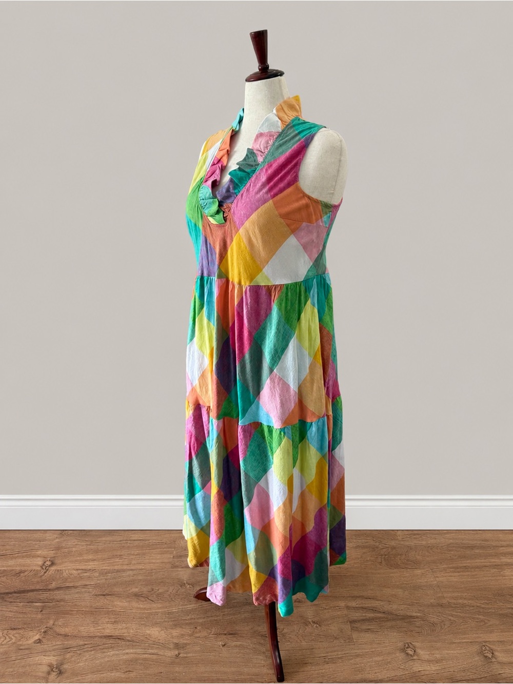 NWT Crown & Ivy XL Linen Blend Colorful Geometric Patchwork Ruffle Neck Dress